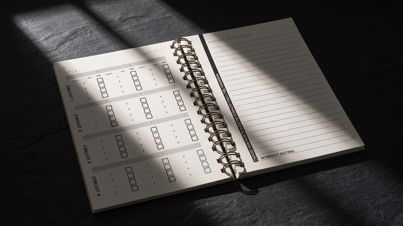 Journal Theory — cinematic workout log spread